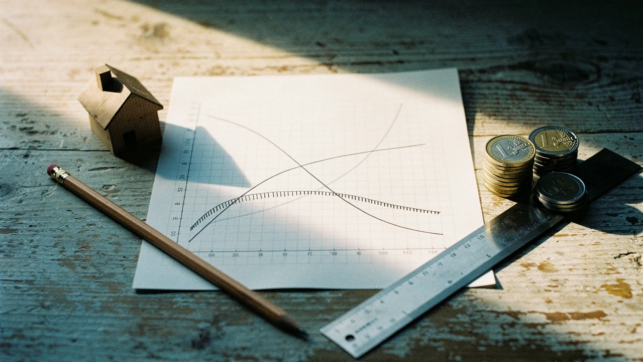 Schreibtisch von oben mit handgezeichneter Liniengrafik auf Karopapier mit zwei sich kreuzenden Kurven, kleines Holzhaus links, Eurostapel rechts, Bleistift und Lineal daneben.